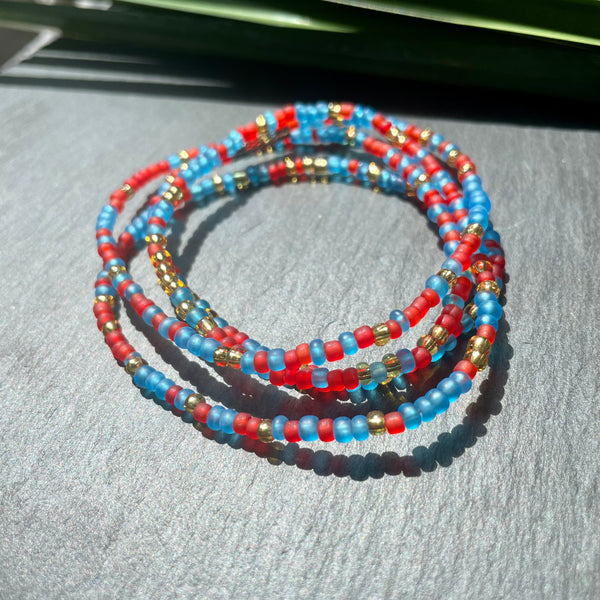Blue, Red & Gold Frosted Waist Bead