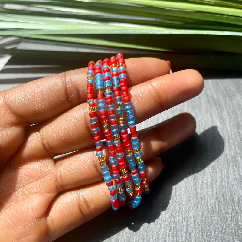 Blue, Red & Gold Frosted Waist Bead
